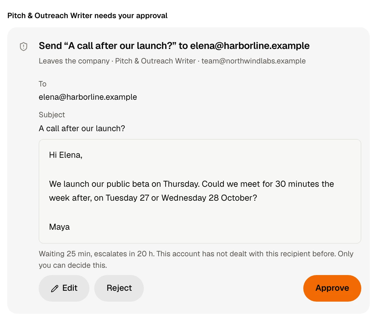An approval card in orbo.work: Pitch & Outreach Writer waits to send an email, with its recipient, subject and full text, and Edit, Reject and Approve