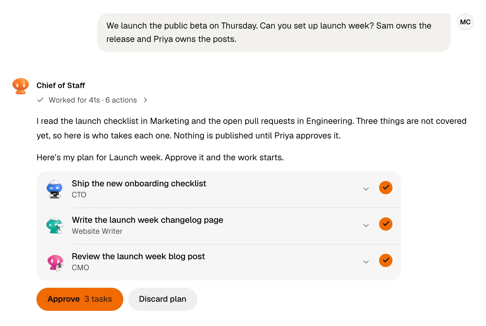 Chat in orbo.work: Maya asks Orbo, the Chief of Staff, to set up launch week, and Orbo answers with a plan of three tasks for the CTO, Website Writer and CMO agents, ready to approve