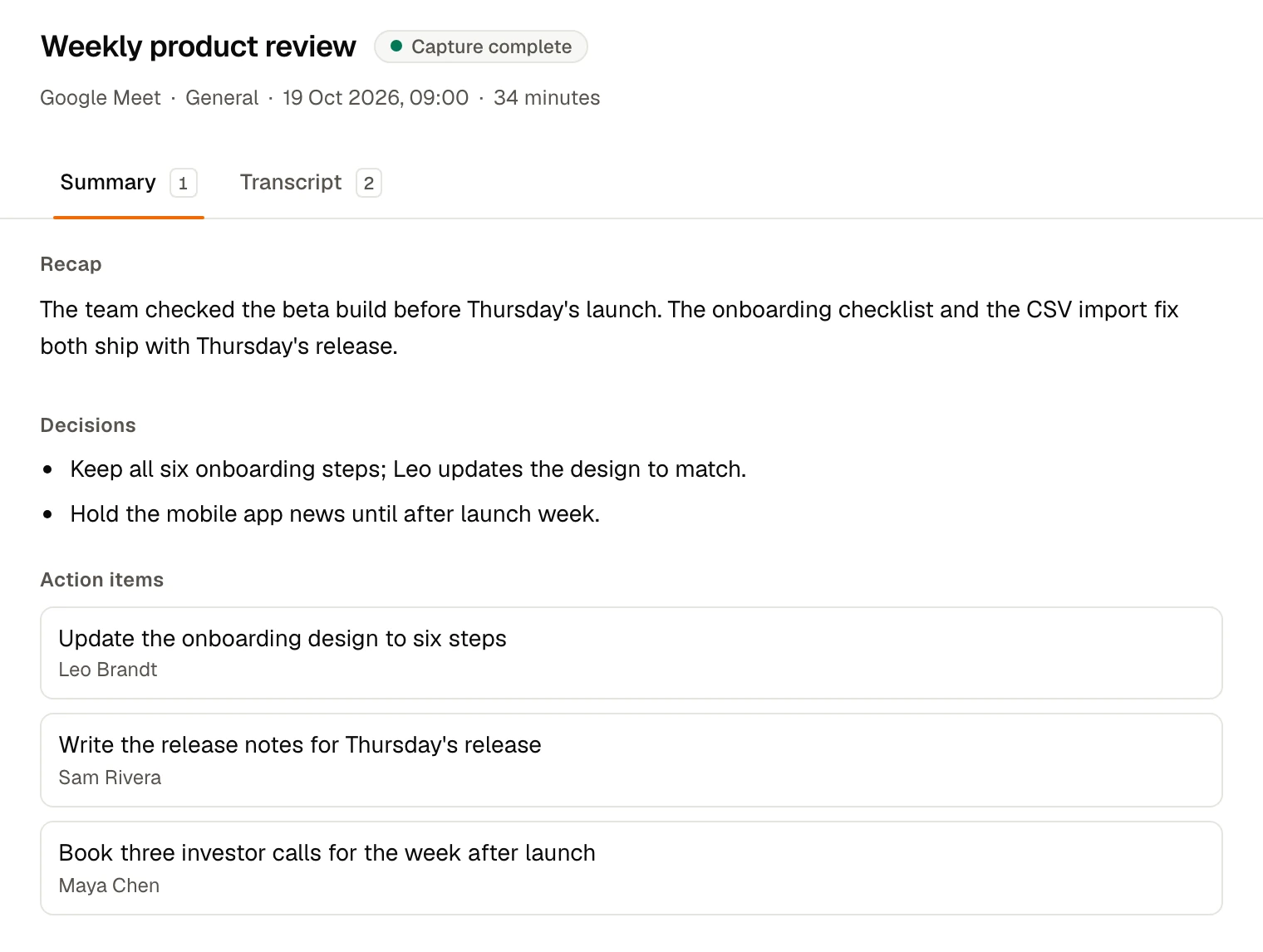 A Google Meet call's recap in orbo.work: the summary, two decisions and three action items with their owners, beside the transcript