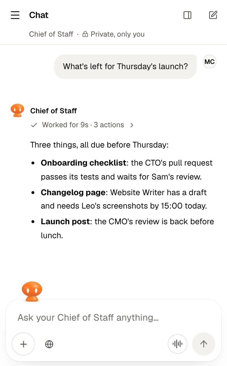 Chat with the Chief of Staff on a phone: a question about Thursday's launch, Orbo's answer and the box to type or talk