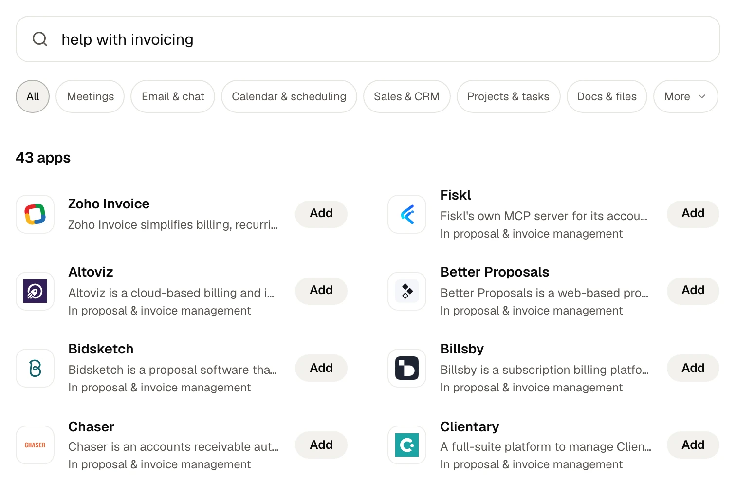 The Marketplace in orbo.work searched for help with invoicing: 43 apps, Zoho Invoice and Fiskl first, each saying why it matched, under the groups Meetings, Email & chat, Sales & CRM and more