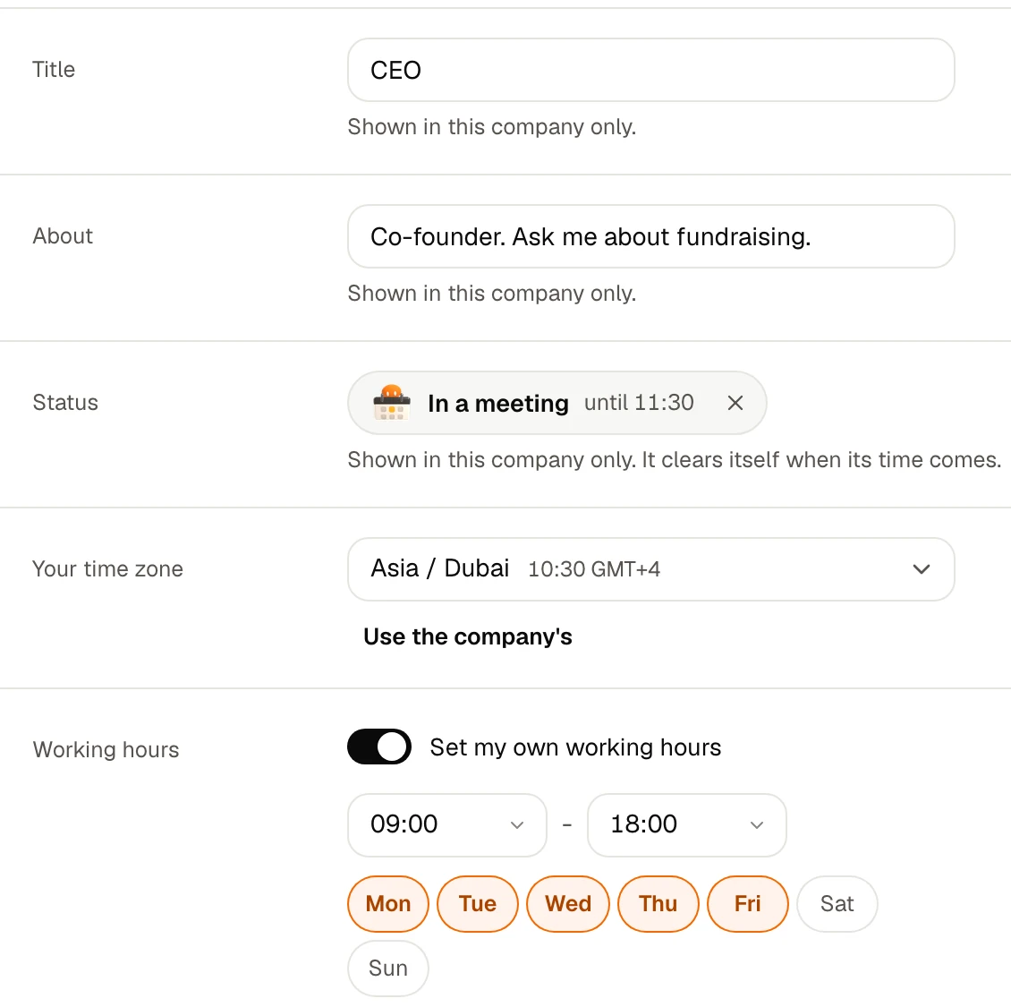 Settings, Profile in orbo.work: title, about, status, time zone and working hours