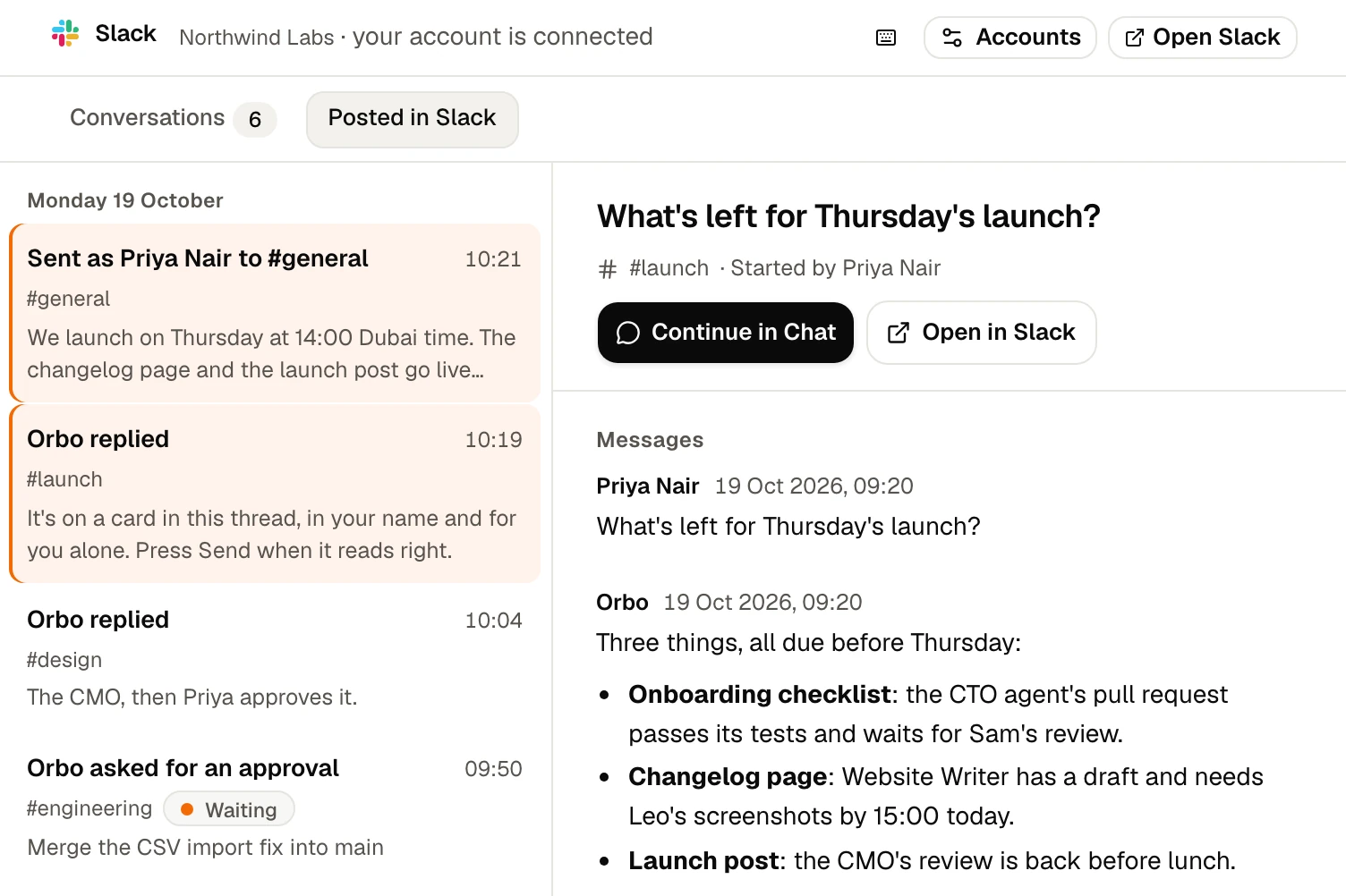 Orbo's Slack page in orbo.work: Priya Nair asks in #launch what is left for Thursday's launch, Orbo answers in the thread, and the list shows what Orbo posted, one message sent as Priya after she confirmed it