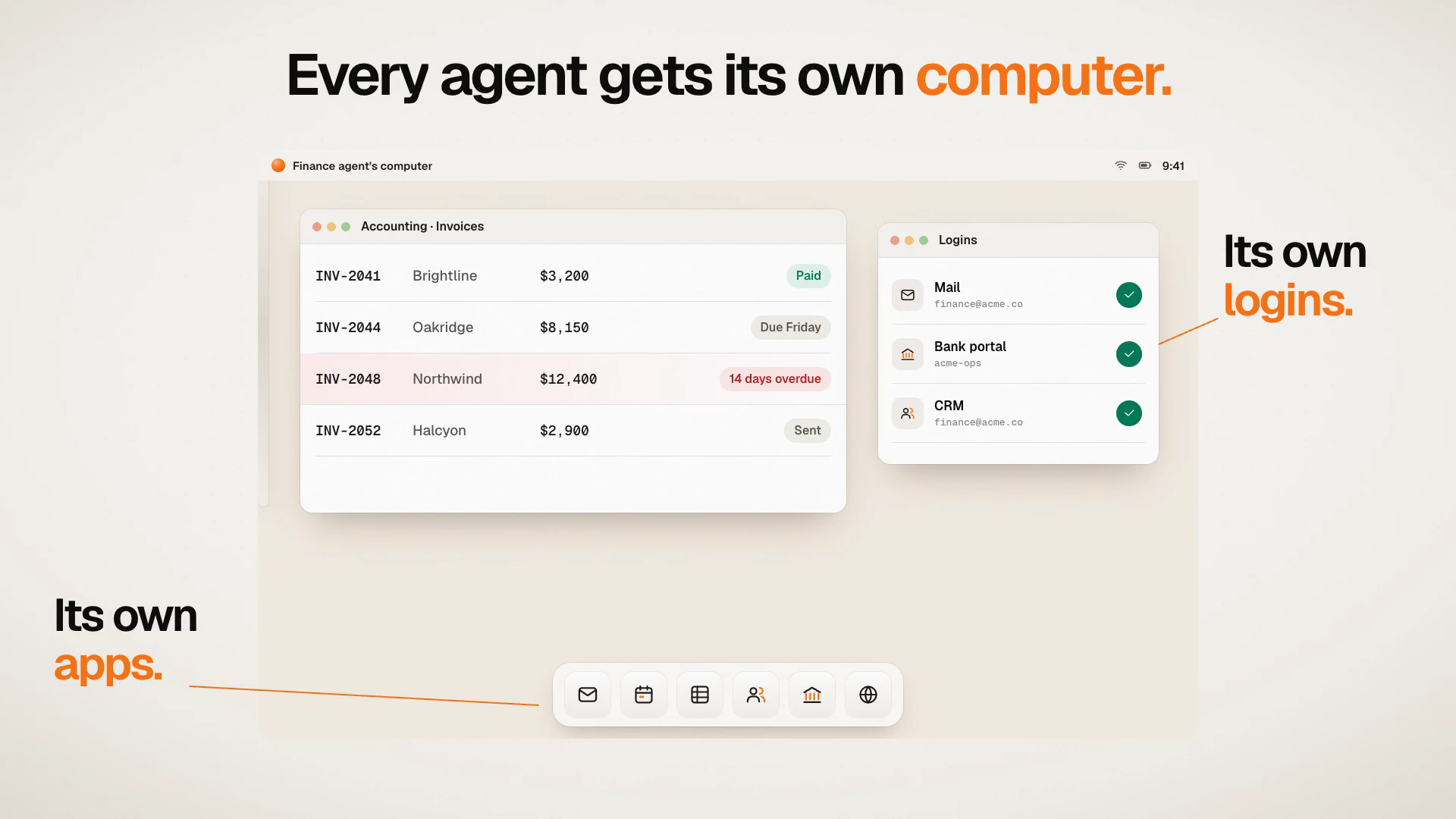 orbo.work launch film: the finance agent's own computer, with the accounting app open on its invoices, its own logins for mail, a bank portal and the CRM, and its own apps.
